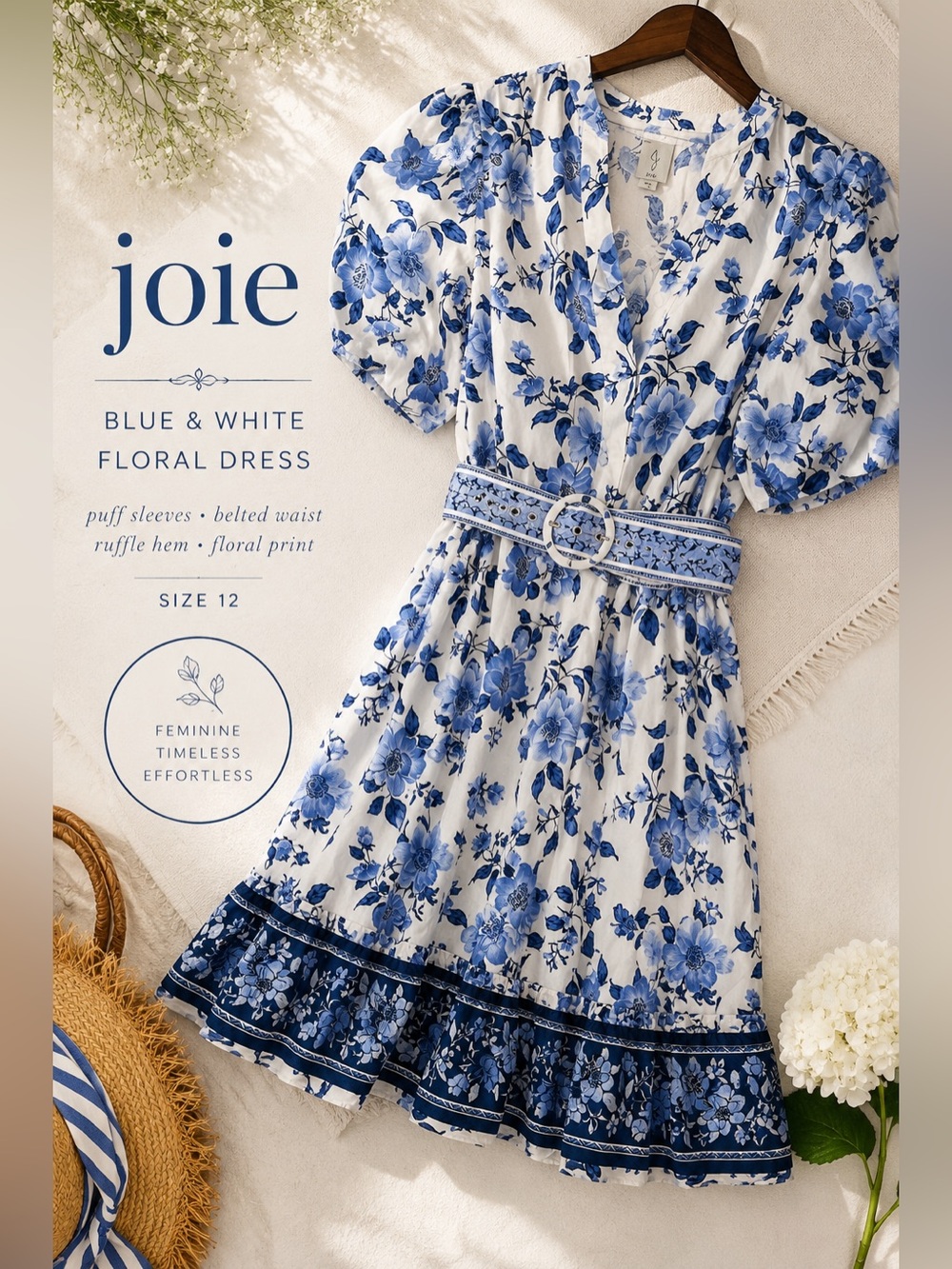 Joie Blue & White Floral Mini Dress Belted Puff Sleeve Cotton Dress Size 12